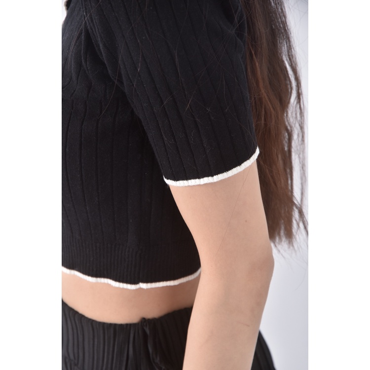 (S) maison marguerite質感棉質跳色黑色短袖上衣二手衣, , large