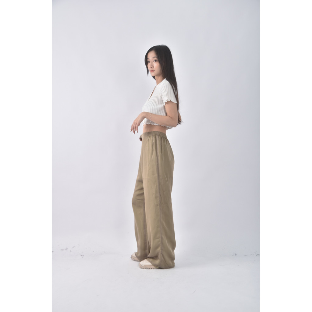 (L) 高腰雪紡直筒綠色長褲二手衣, , large