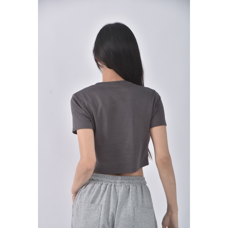 (S) gu修身短版棉質素面灰色短袖上衣二手衣, , large