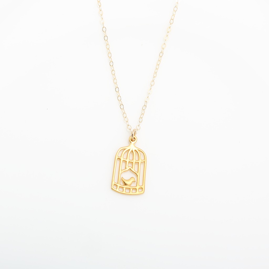 【Angel & Me】Cage and Bird s925 sterling silver 24k gold plated necklace gift, , large