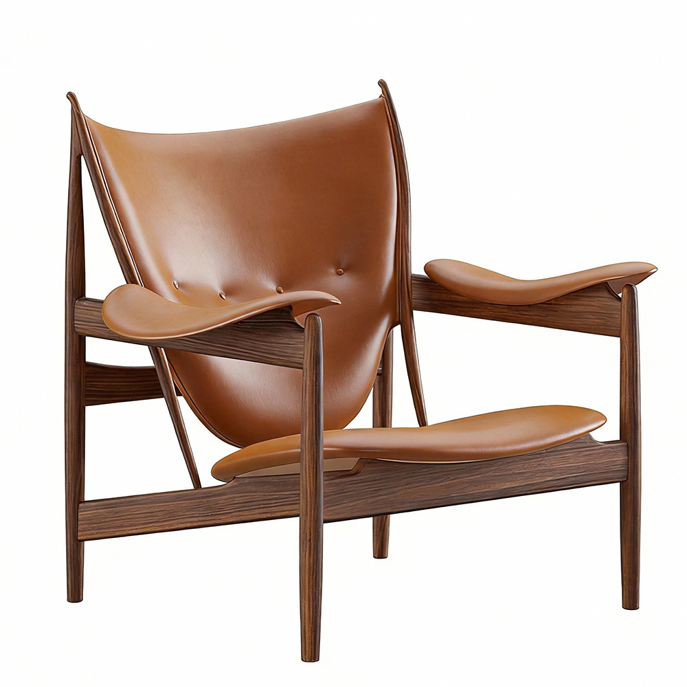 Brown ash wood and genuine leather armchair, , large