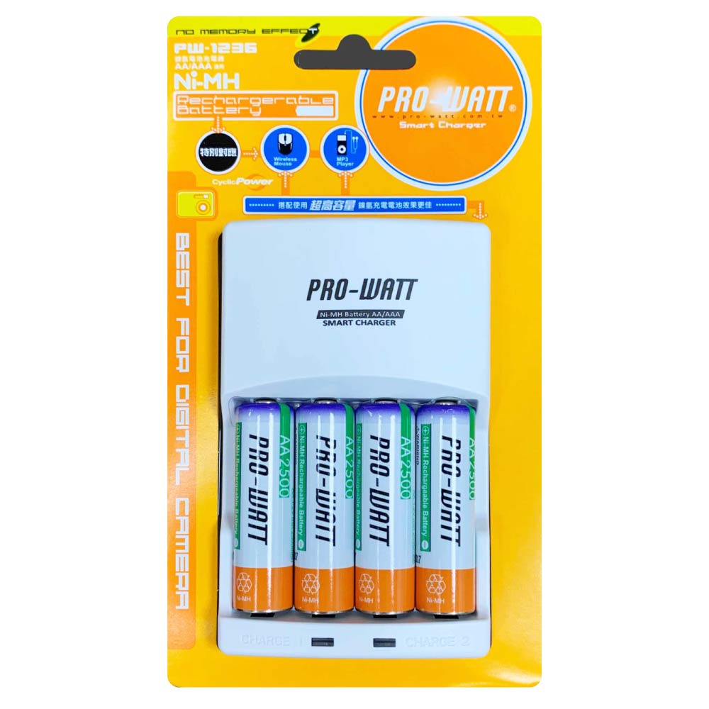 [寶旺旺]華志PRO-WATT 充電器+湯淺3號鎳氫電池(1.2V立即用)PW-L104-1236-25, , large