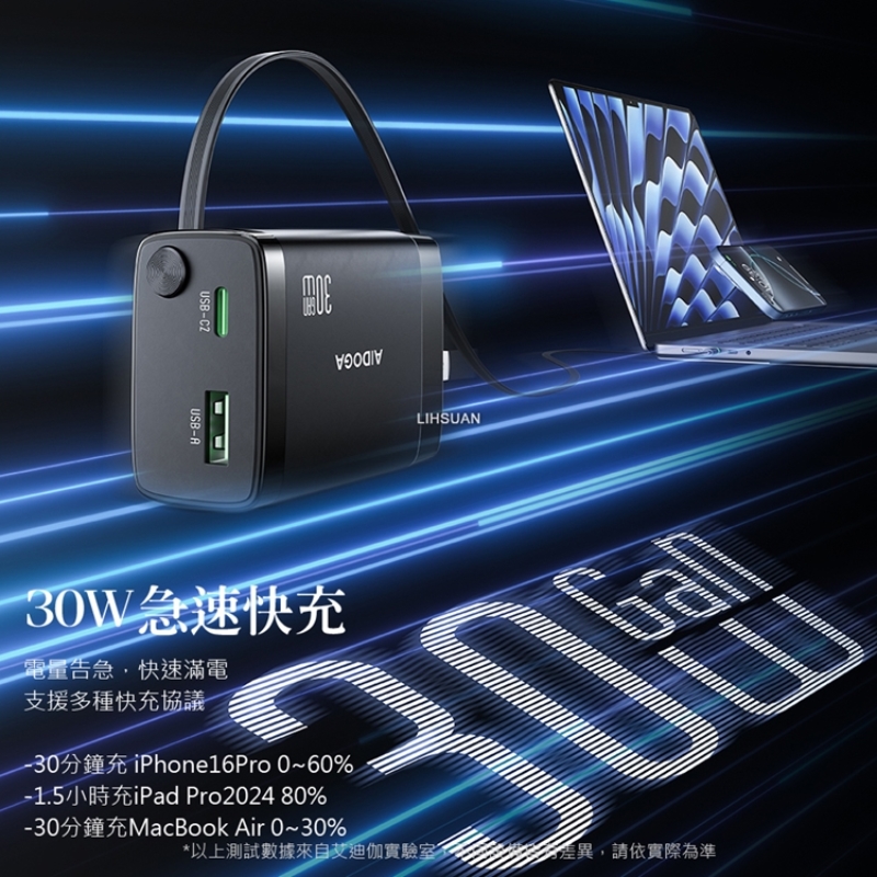 AIDOGA艾迪伽LQ CH4141智連系列雙孔GaN氮化鎵充電器30W快充自帶Type-C伸縮線, , large