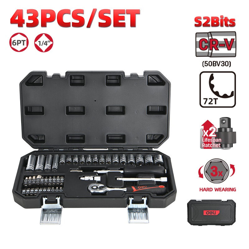 【deli tools】1/4 inch Socket Wrench Set 43PCS, , large