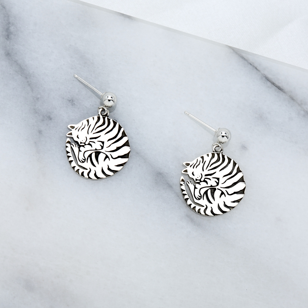 【Angel & Me】虎斑貓 貓 貓咪 一對 s925 純銀 耳環 耳夾 情人節 聖誕節 禮物, , large