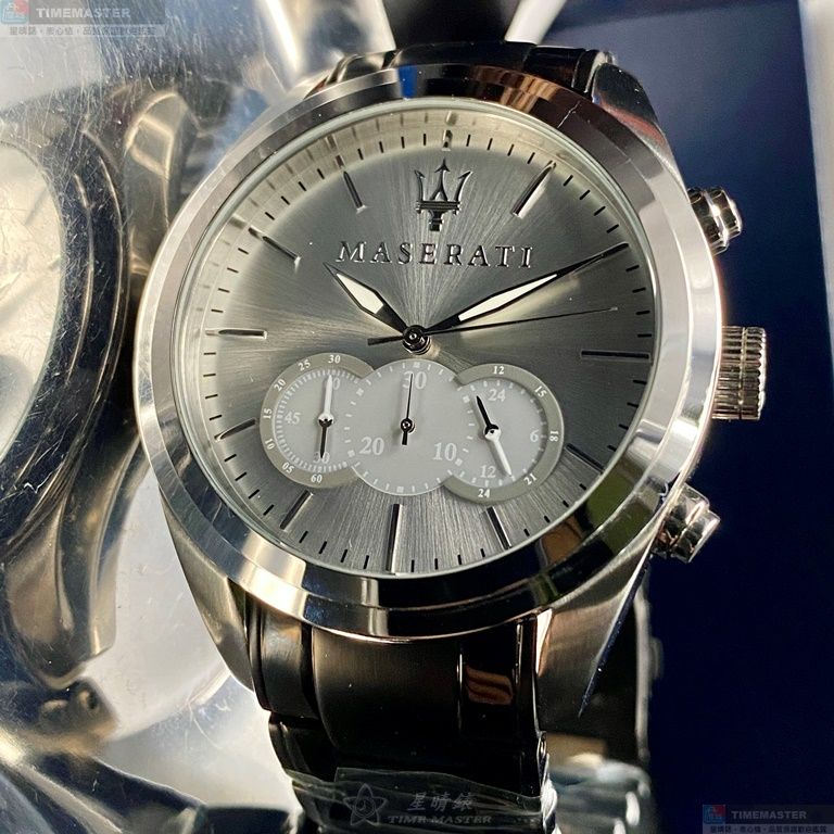 [星晴錶業]MASERATI手錶,46mm,R8871612012銀白色錶面銀錶殼深黑色精鋼錶帶款, , large