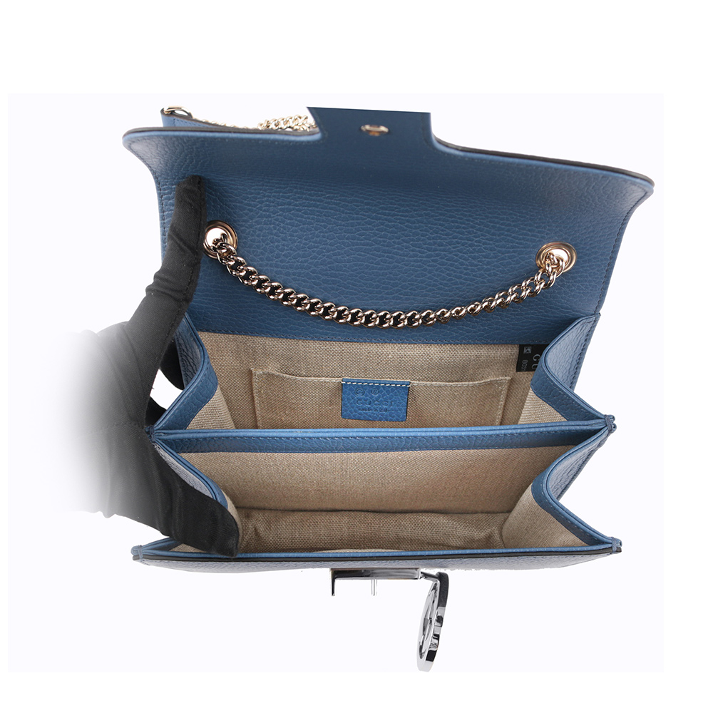 GUCCI 金屬雙G Logo荔枝皮革方形斜背包/藍色, , large