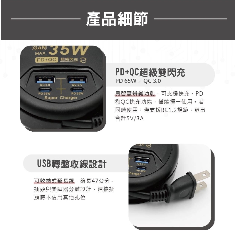 【Palladium】 35W氮化鎵GaN PD+QC 4孔 USB超級閃充急速供電器 黑色 UB-26B, , large