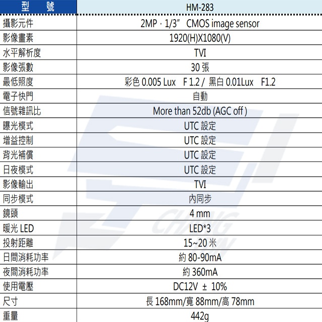 昌運監視器 環名HME HM-283 200萬 TVI 全彩防水型白光槍型攝影機 距離可15-20M, , large