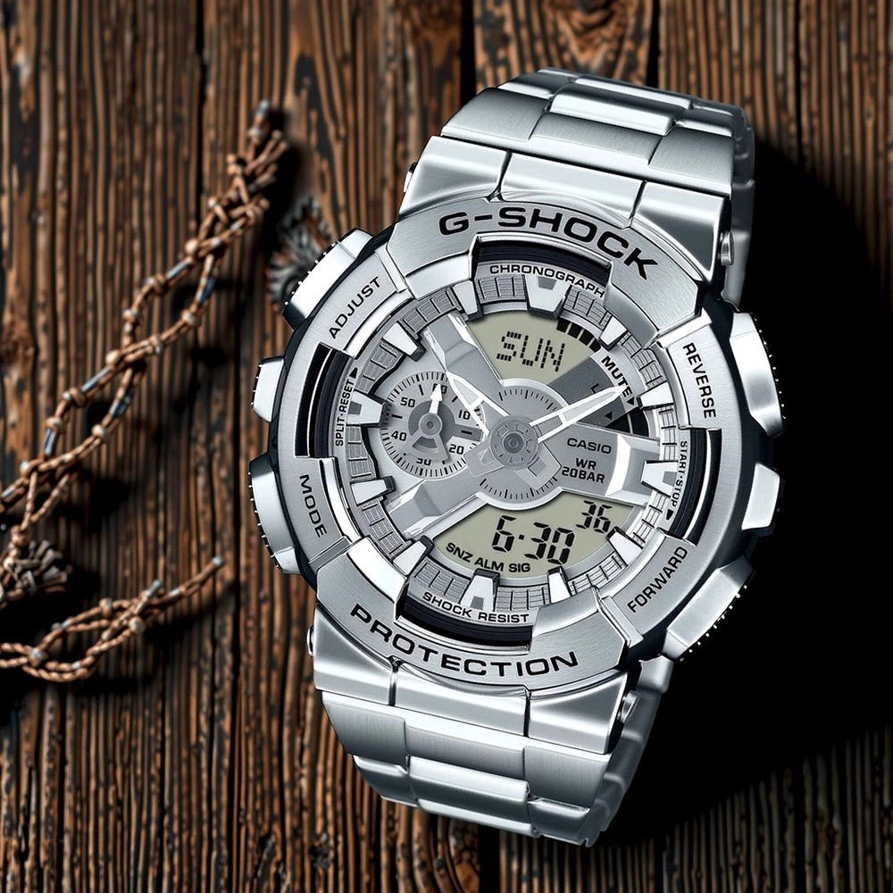 CASIO 卡西歐 G-SHOCK 工業風大錶殼金屬雙顯手錶 送禮推薦-銀 GM-110D-8A, , large
