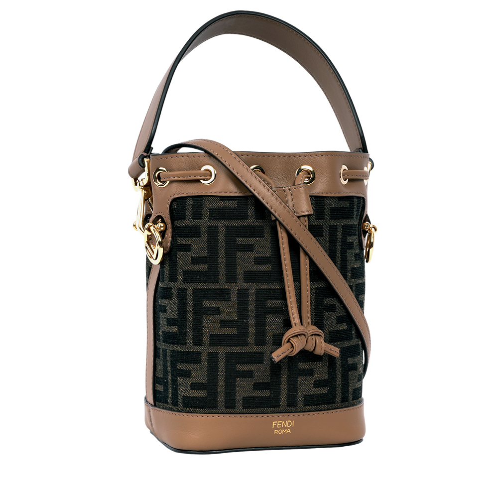FENDI MON TRESOR FF Logo 緹花及皮革二用迷你水桶包/棕色, , large