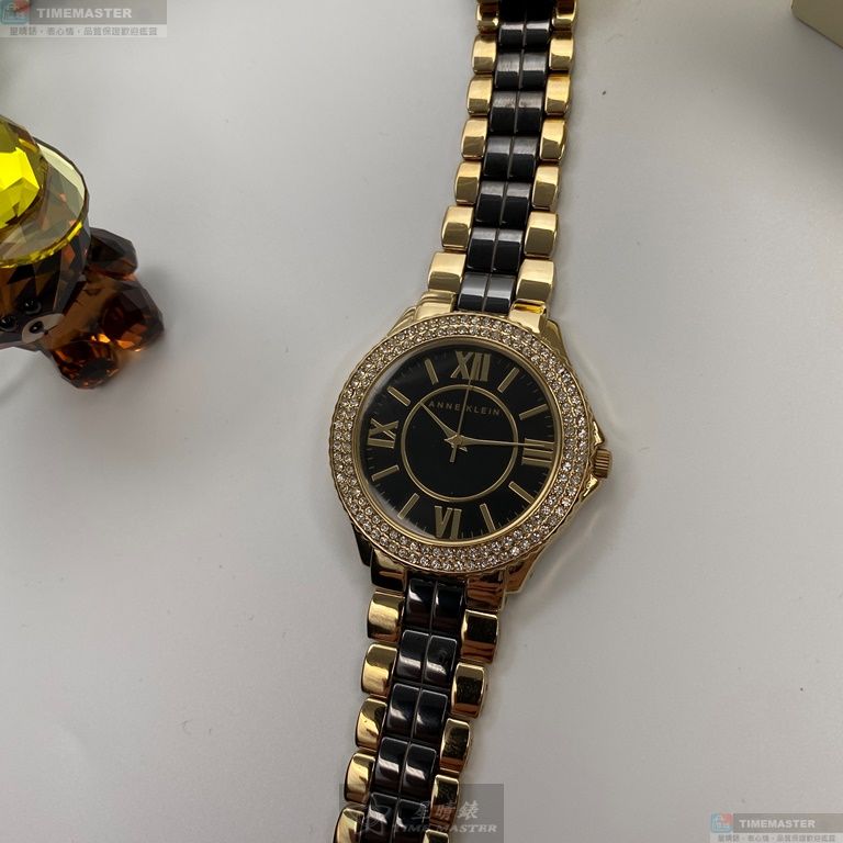 [星晴錶業]AnneKlein手錶,38mm,AN00553黑色錶面金色錶殼黑金精鋼錶帶款, , large