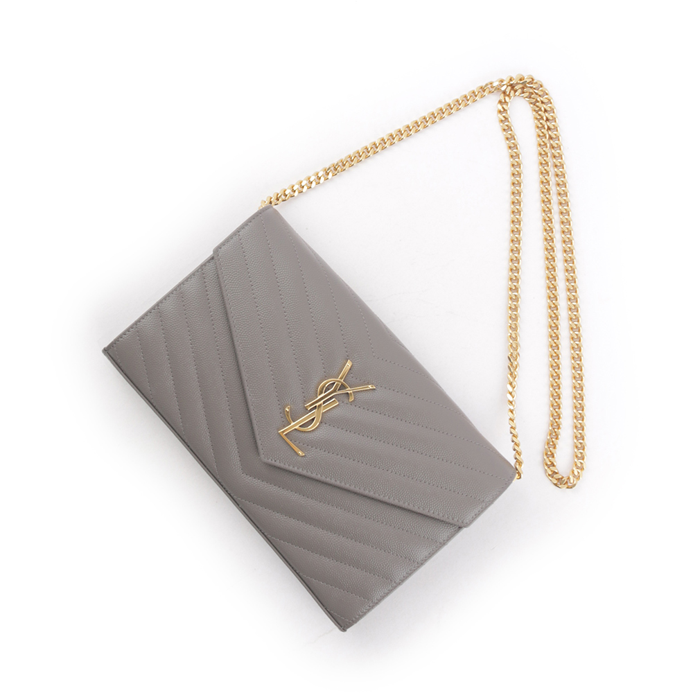 YSL V紋荔枝皮金色LOGO WOC 斜背包/霧灰色, , large