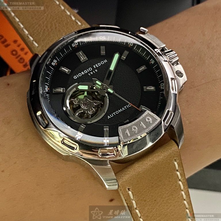[星晴錶業]GiorgioFedon1919手錶,46mm,GF00121黑色雙面機械鏤空錶面銀錶殼咖啡色真皮皮革錶帶款, , large
