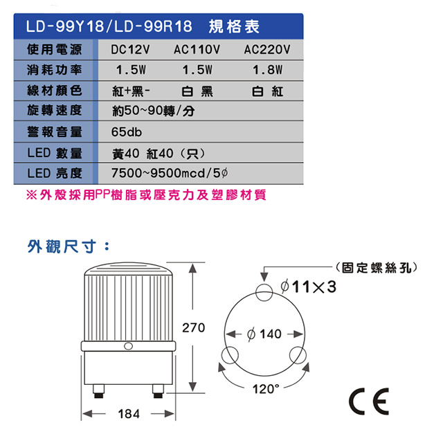 昌運監視器 LD-99R18 AC220V 大型LED警報旋轉燈 (含L鍍鋅鐵板支架及蜂鳴器), , large