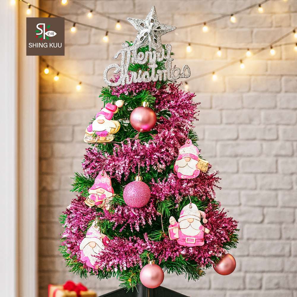 心可樂活-2尺60cm小美好套裝聖誕樹+2號夢幻粉紅聖誕老人彩繪木片飾品組_不含燈款_台灣本島免運費, , large