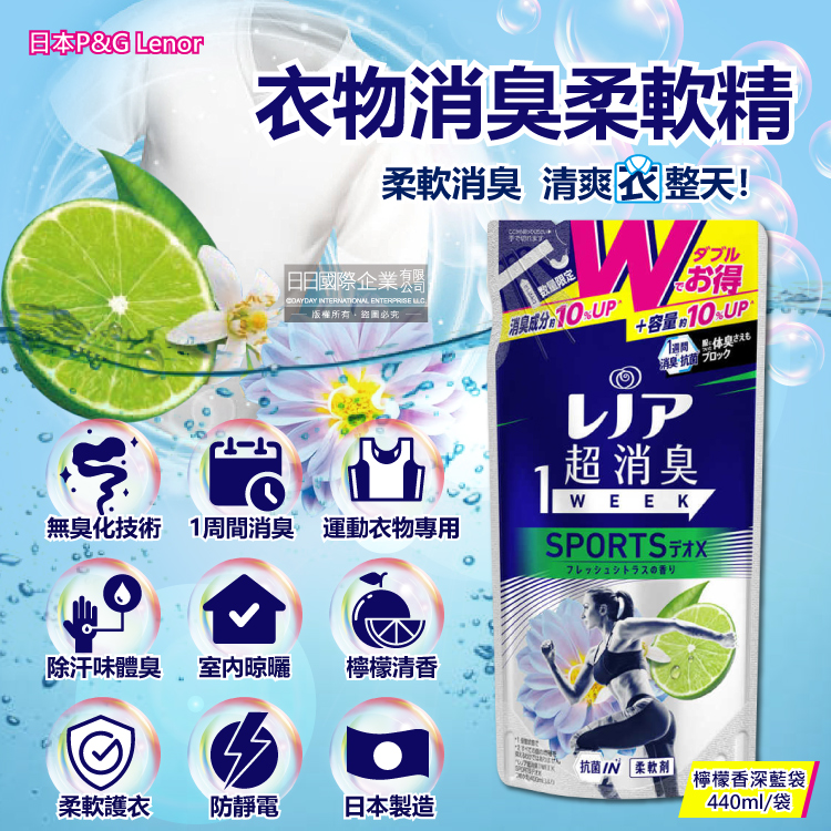 [日日好物]日本P&G Lenor蘭諾-SPORTS運動衣物1Week超消臭香氛柔軟精補充包-檸檬香440ml/深藍袋(洗衣芳香除臭劑,室內晾曬速乾防靜電), , large