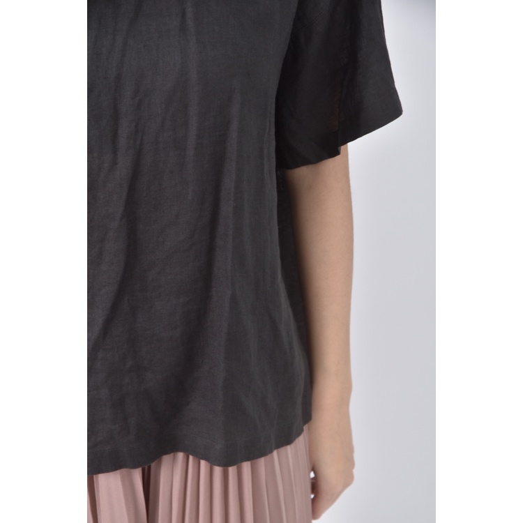 (F) 質感亞麻純亞麻黑色短袖上衣二手衣, , large