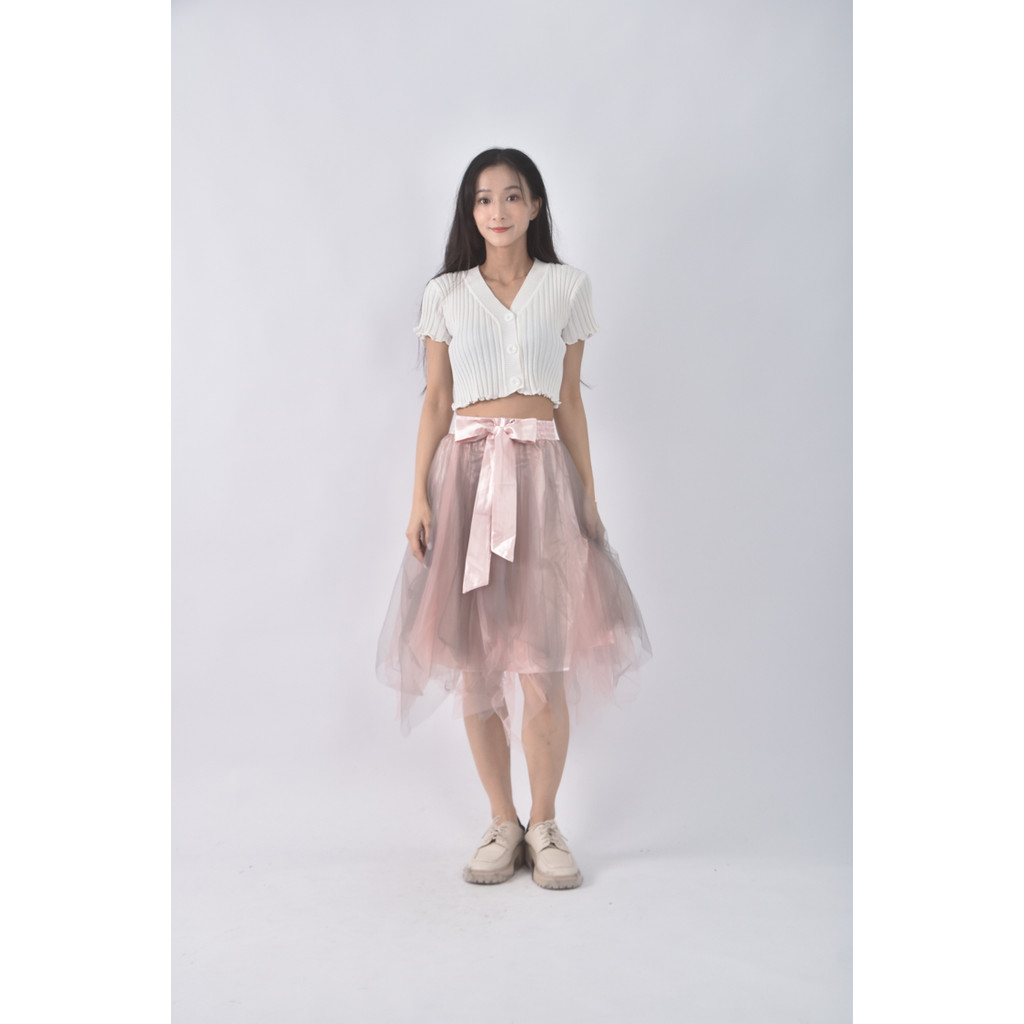 (S) 質感撞色芭蕾風粉色綁帶短裙二手衣, , large