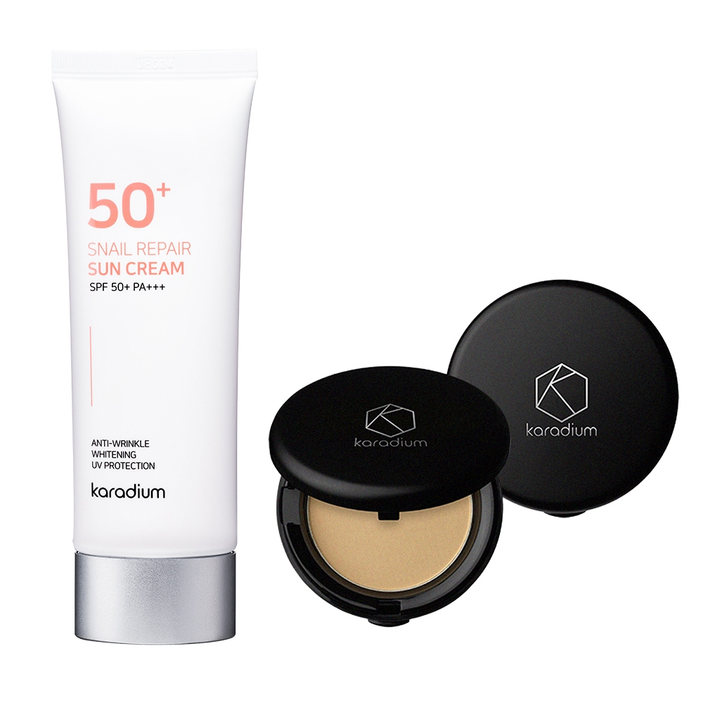 【韓國KARADIUM】SPF50+PA+++蝸牛修護防曬霜 +膠原蛋白smart防曬粉餅 防曬隔離必Buy組, , large