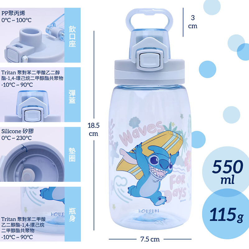 『HOUSUXI‧舒希』迪士尼史迪奇系列-Tritan彈蓋水瓶550ml(A3), , large
