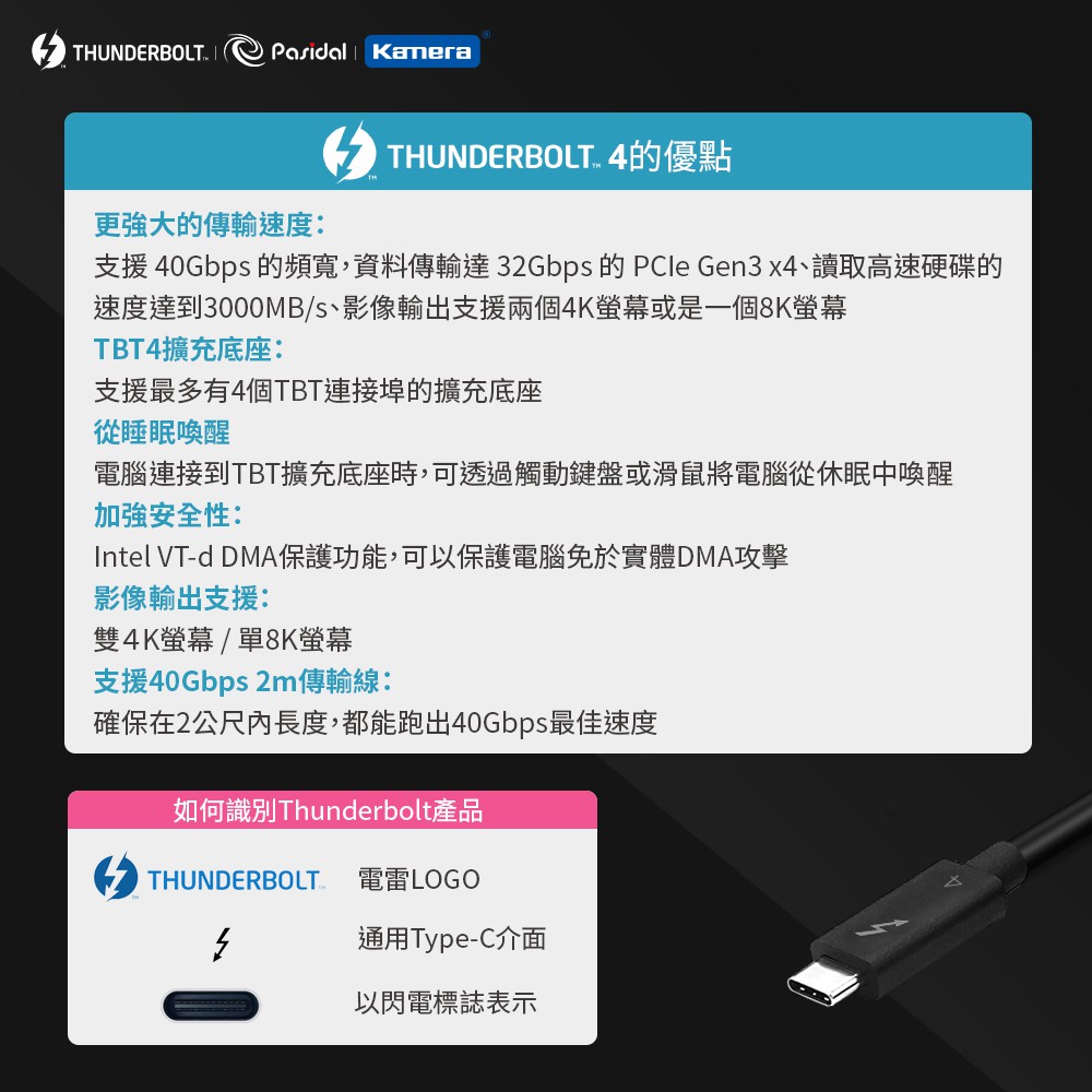 Pasidal Thunderbolt 4 雙USB-C 充電傳輸線  雷電4 40Gbps高速傳輸, , large