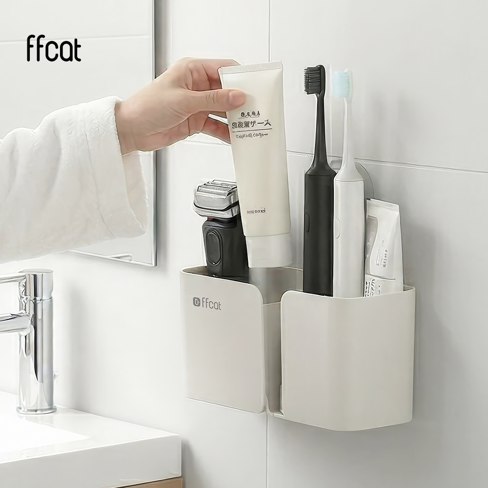 ffcat 深型收納置物架 免打孔無痕貼 壁掛分格收納盒 浴室牙刷架 廚房收納架 防水防潮置物架 二色隨機, , large