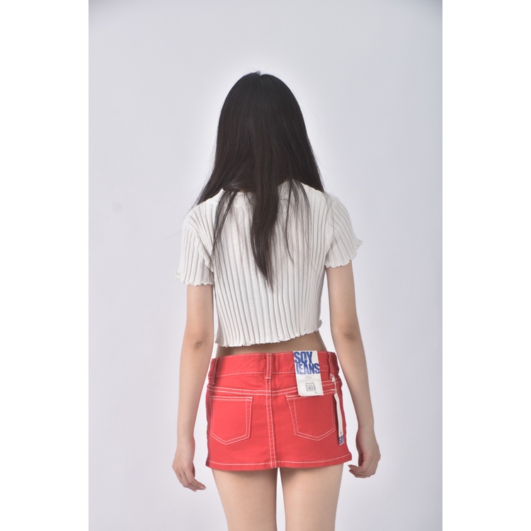 (2XL) joke me off丹寧牛仔質感紅色短裙二手衣, , large