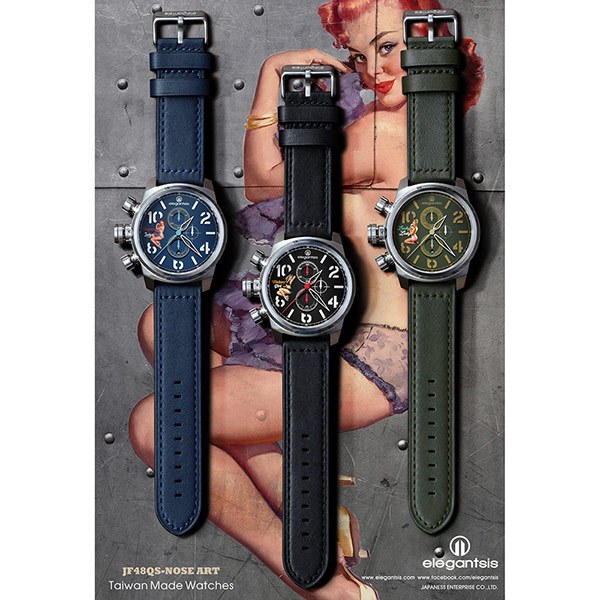 elegantsis JF48QS機頭藝術-女郎計時手錶-綠/48mm ELJF48QS-OG03LC, , large