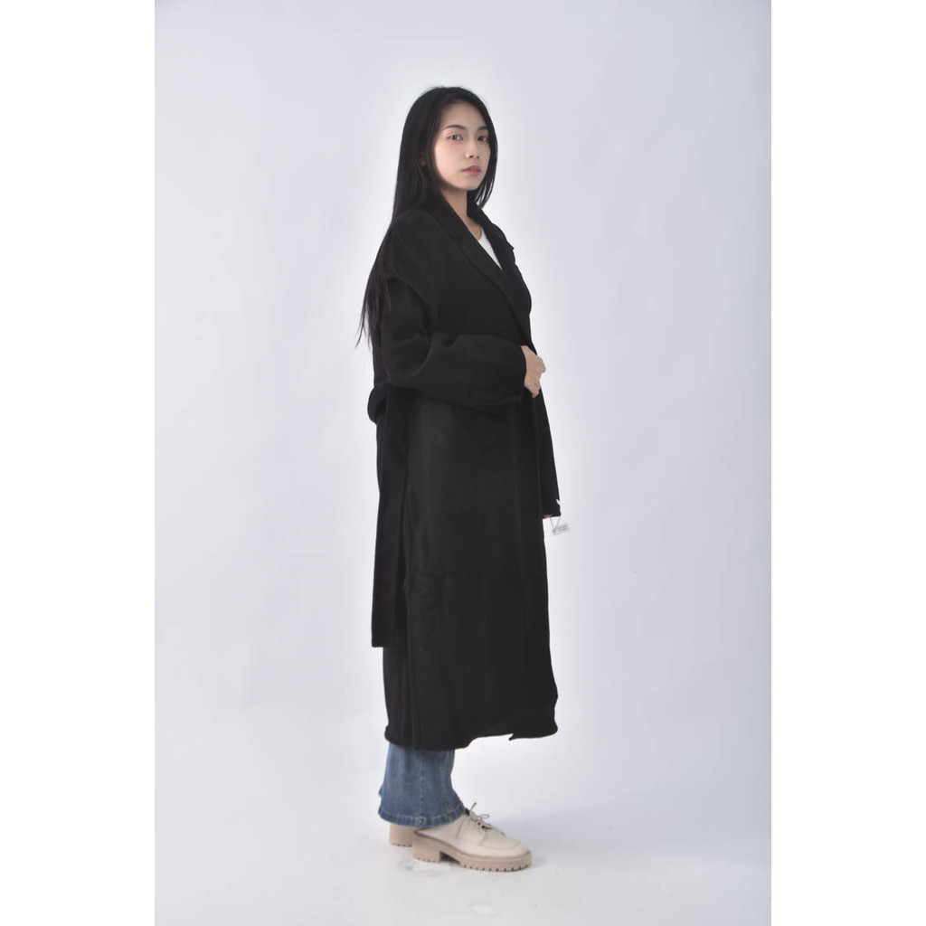 (F) 質感羊毛素面黑色外套二手衣, , large