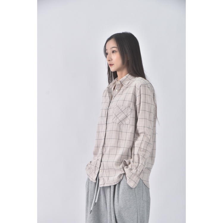 (L) uniqlo棉質純棉格紋杏色長袖上衣二手衣, , large