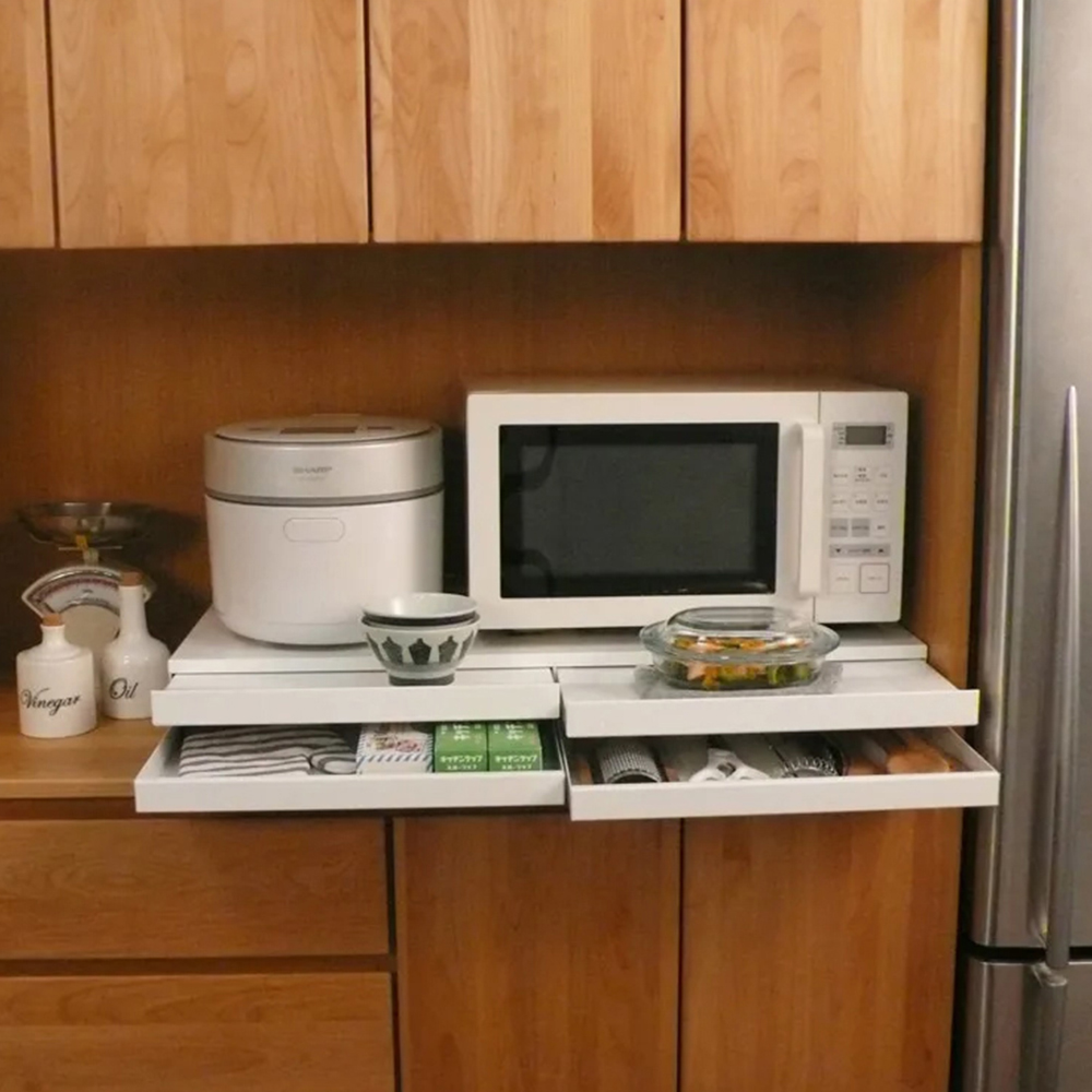 【adachi】Japan-Made Kitchen Appliance Multifunctional Storage Double-Layer Drawer Workbench 80cm (Extendable Kitchen Workspace), , large