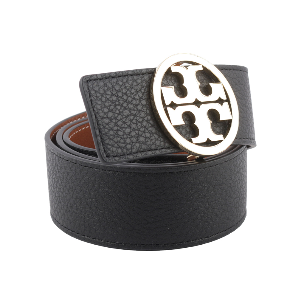TORY BURCH Miller 素面皮革寬3.8cm雙面可用皮帶S/黑色/焦糖色, , large