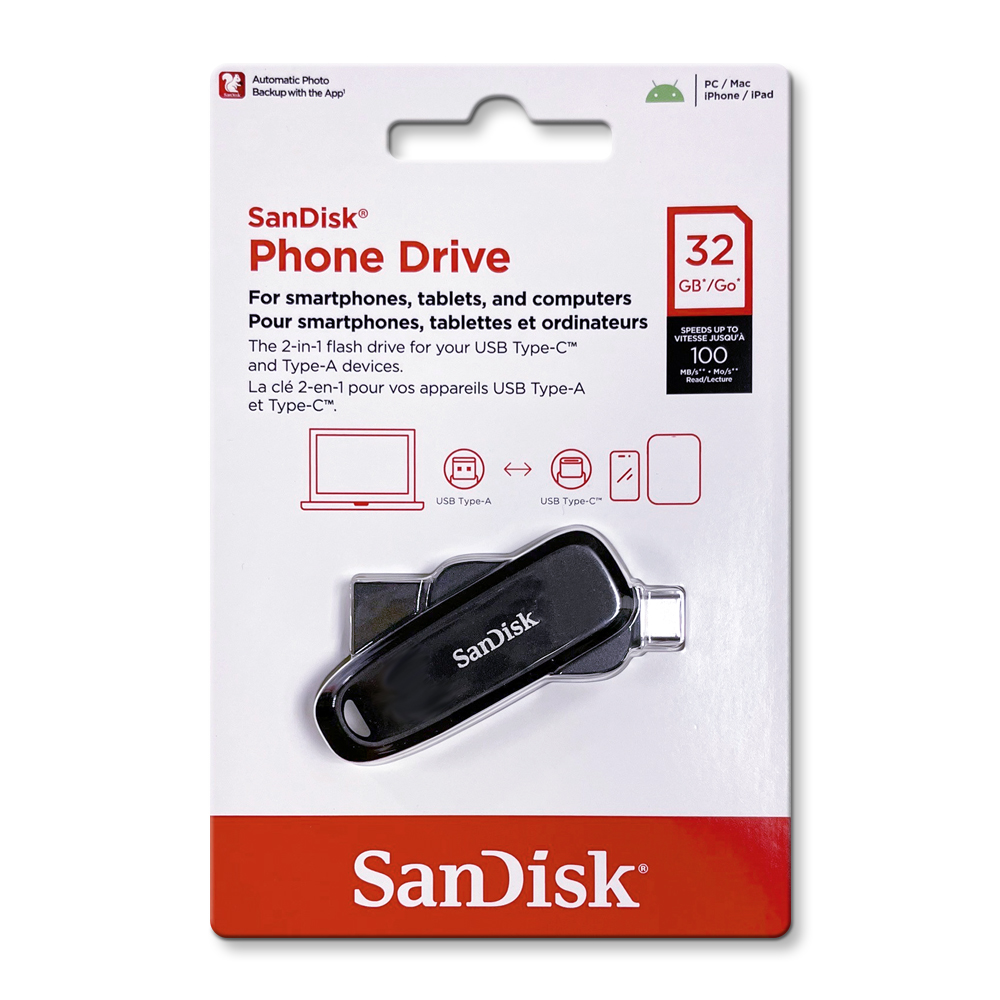【SanDisk】Phone Drive DDC6 黑色 32G TYPE-C USB 3.2 雙用 OTG 旋轉隨身碟 讀取速度 100MB/s, , large