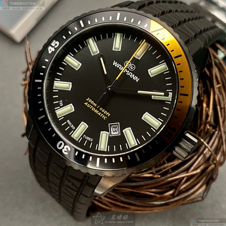 [星晴錶業]WAKMANN手錶,42mm,WA00033黑色錶面黑錶殼深黑色矽膠錶帶款, , large