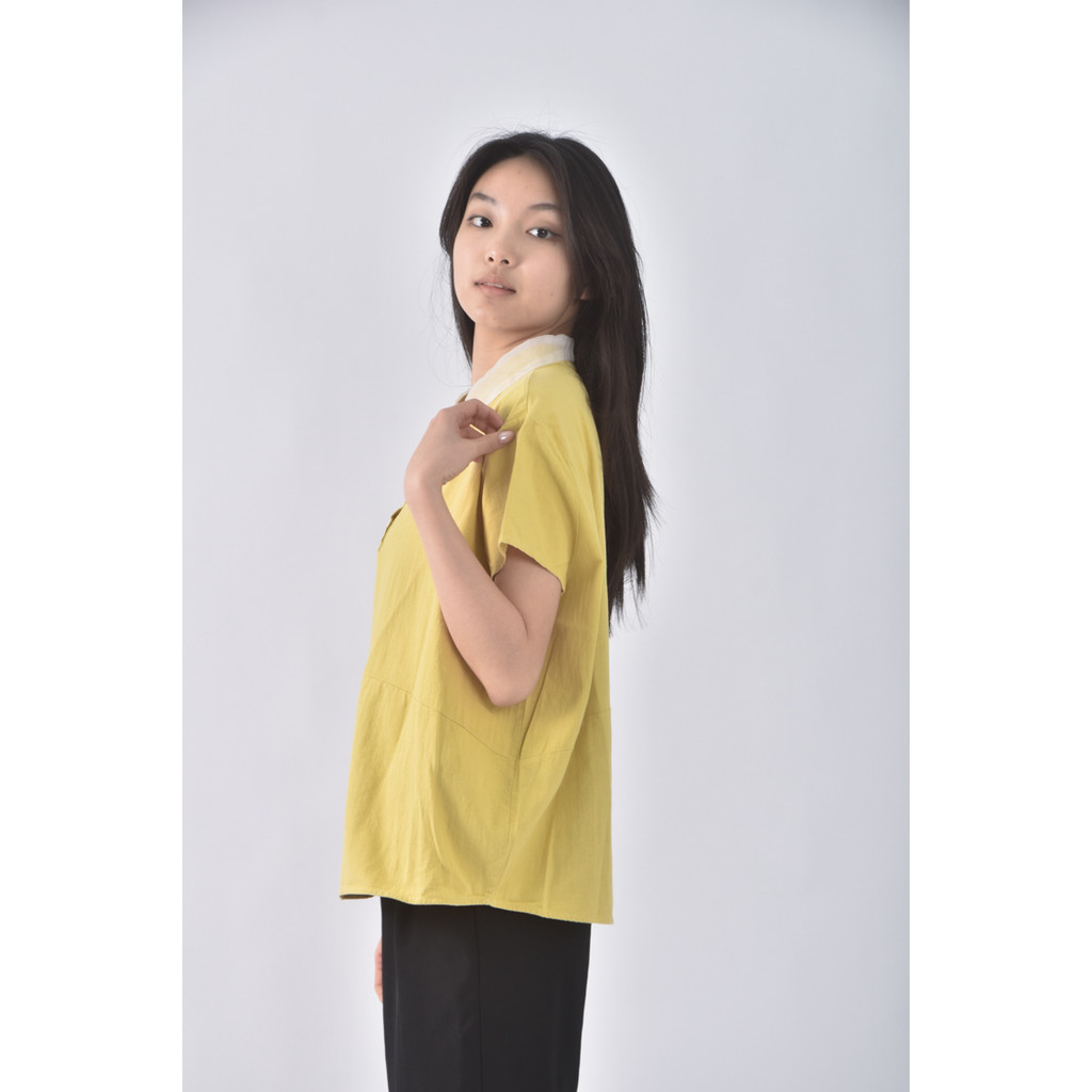 (XL) qys排扣黃色短袖上衣二手衣, , large