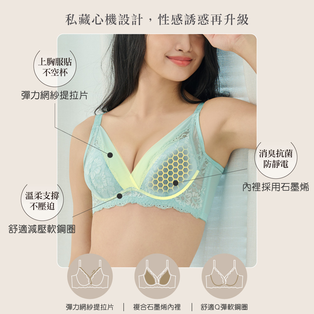 【Clany可蘭霓】浪漫日記石墨烯軟鋼圈集中包覆 BC罩杯不空杯蕾絲內衣 湖水綠 8057-81, , large