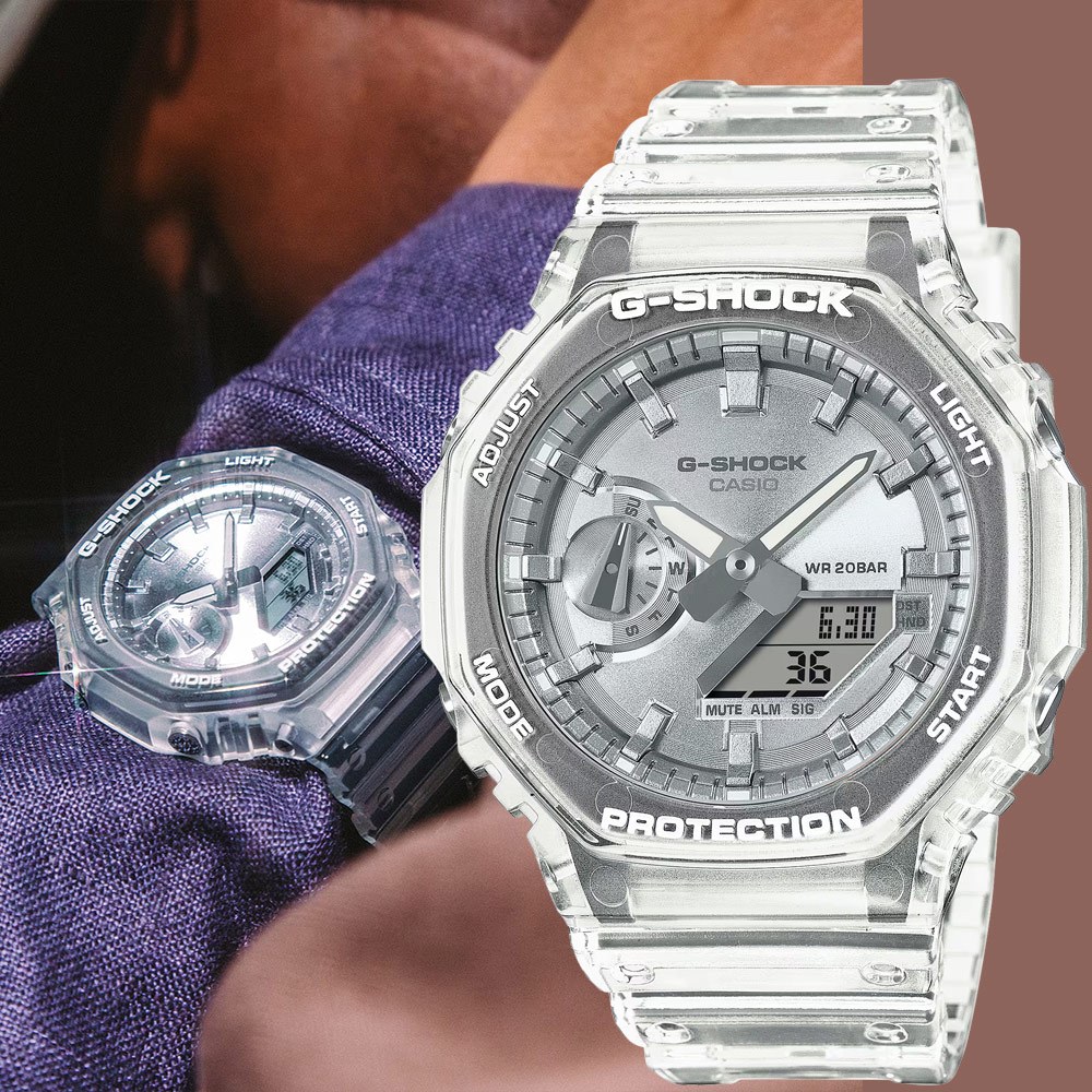 CASIO 卡西歐 G-SHOCK 半透明感 金屬蒸鍍工藝 雙顯電子錶 手錶 GA-2100BM-7A8, , large