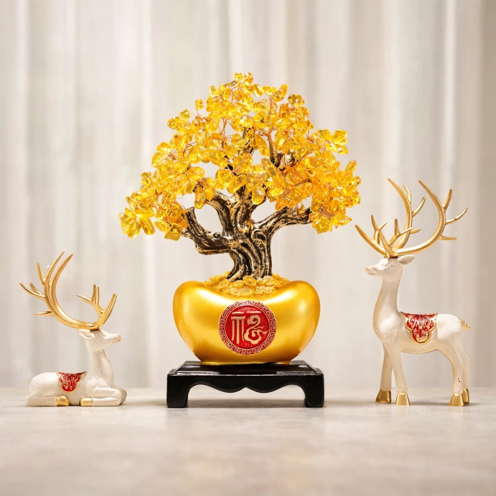 【A&R】招財開運 金黃水晶發財樹元寶聚寶盆擺飾, , large