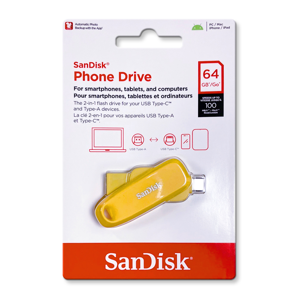 【SanDisk】Phone Drive DDC6 黃色 64G TYPE-C USB 3.2 雙用 OTG 旋轉隨身碟 讀取速度 100MB/s, , large