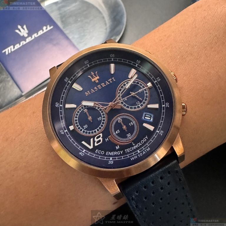 [星晴錶業]MASERATI手錶,44mm,R8871134003寶藍色錶面玫瑰金錶殼寶藍真皮皮革錶帶款, , large