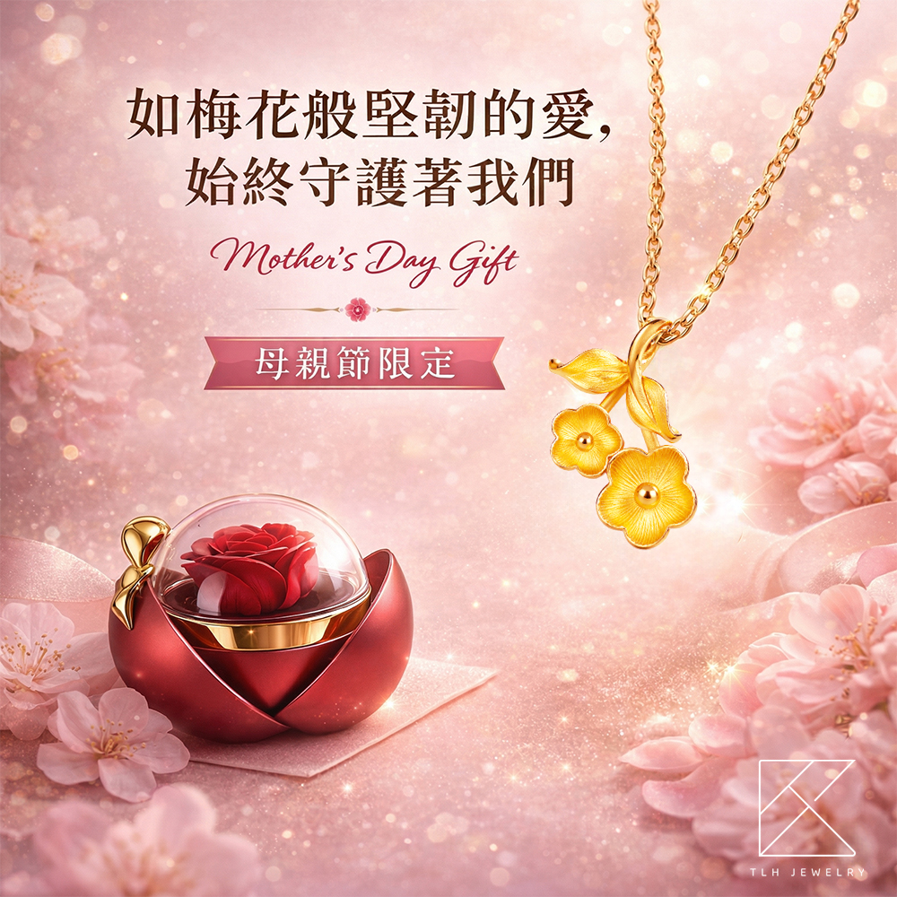 【TLH】母親節限定黃金墜項鍊 純金999 梅好守護 約重0.08錢&plusmn;0.02 附贈蝴蝶結專屬包裝 (馬年 生日 送禮), , large