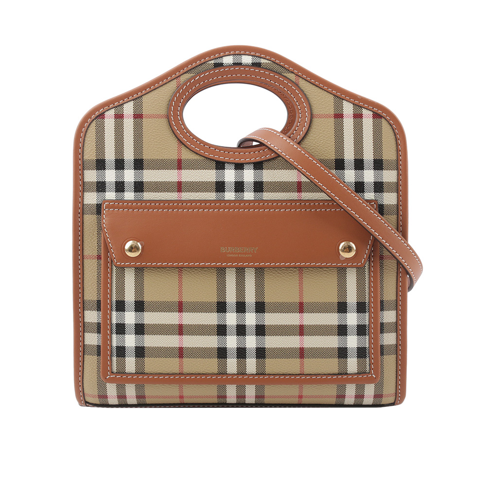 BURBERRY 格紋拼皮革手提/斜背口袋包(Mini)/石楠木棕色, , large