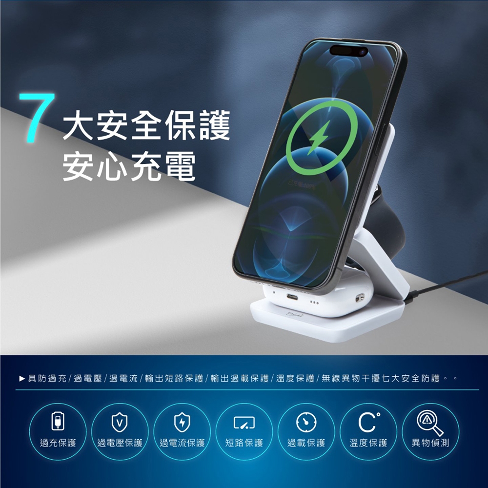 E-BOOKS B98 三合一摺疊無線充電器 磁吸對位快充 支援手機耳機手錶同時充, , large