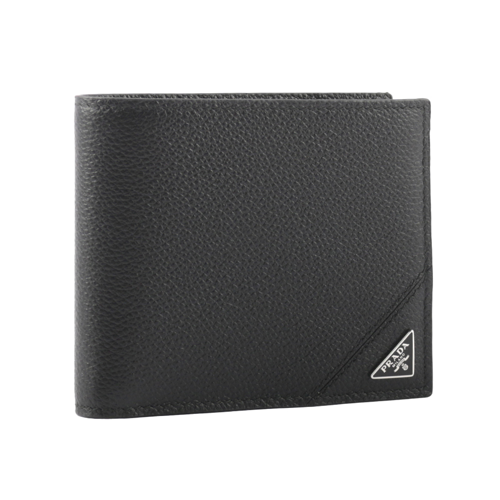 PRADA 銀色三角牌Logo 粒紋皮革對開零錢袋短夾/黑色, , large