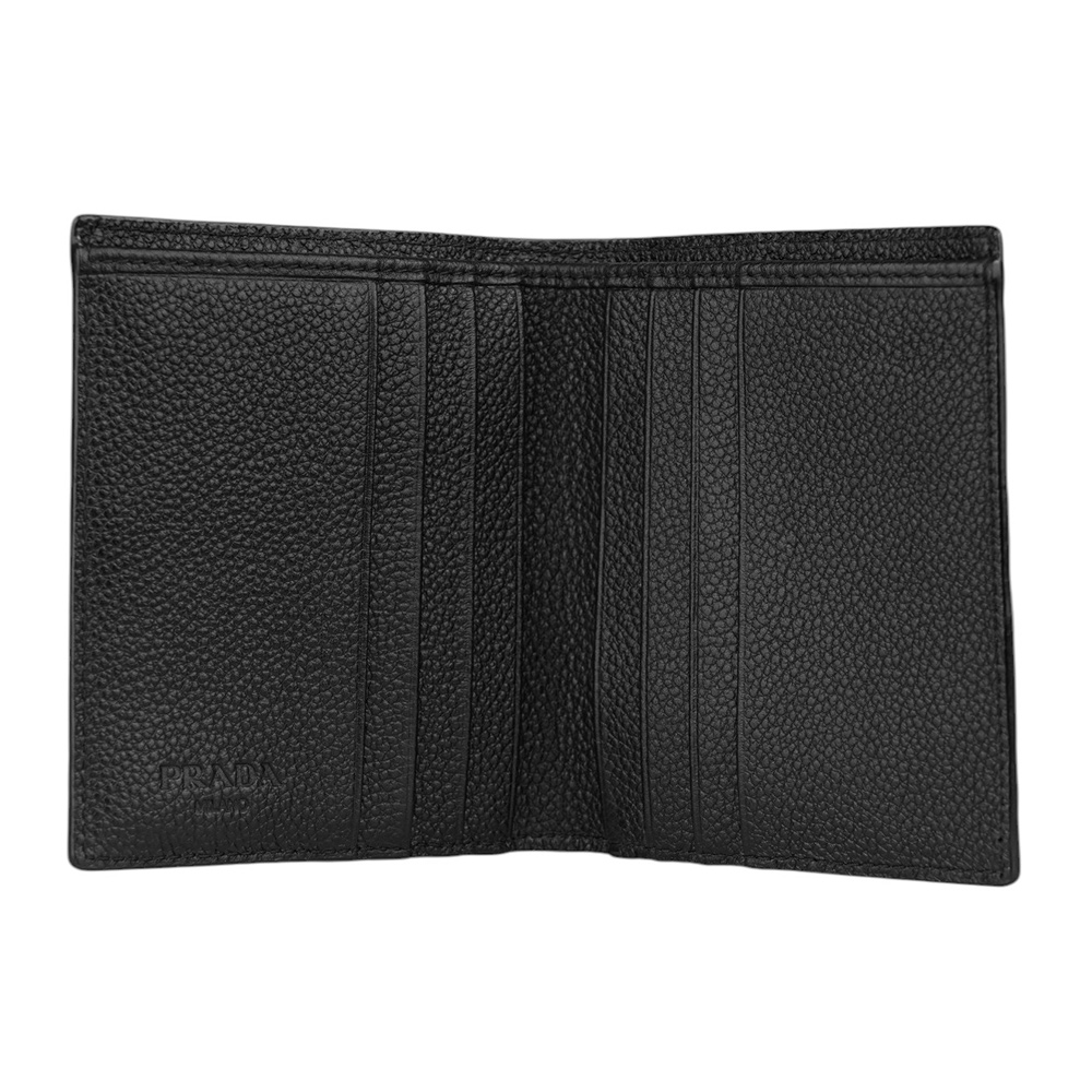 PRADA 銀字Logo 粒紋皮革短版對開8卡短夾/黑色, , large