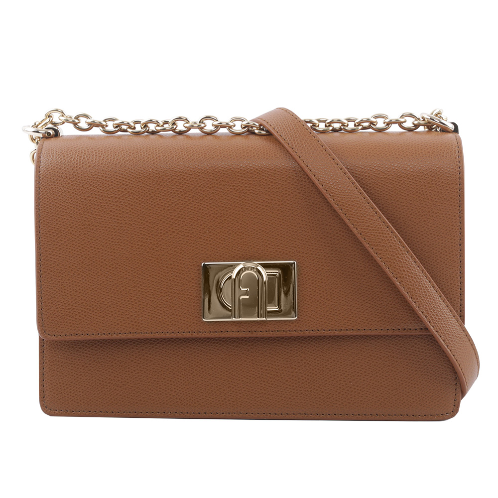 FURLA 1927 拱門轉釦小款翻蓋鏈帶二用包/白蘭地酒色