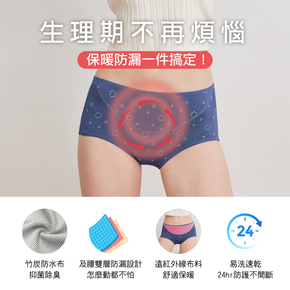【Clany可蘭霓】 台灣製涼感竹炭遠紅外線印花抑菌消臭M-XL防漏生理褲 英國藍 2235-57, , large