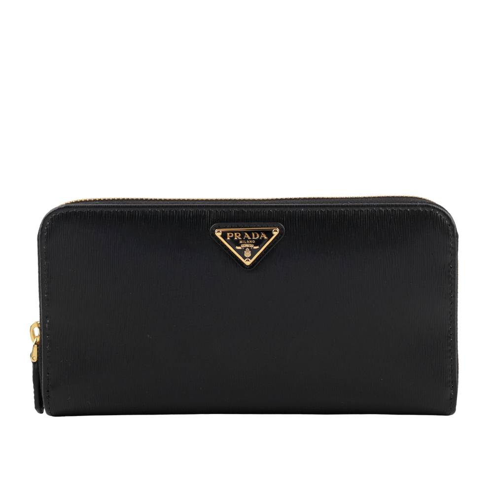 PRADA 三角牌Logo水波紋皮革ㄇ型拉鏈長夾/黑色, , large
