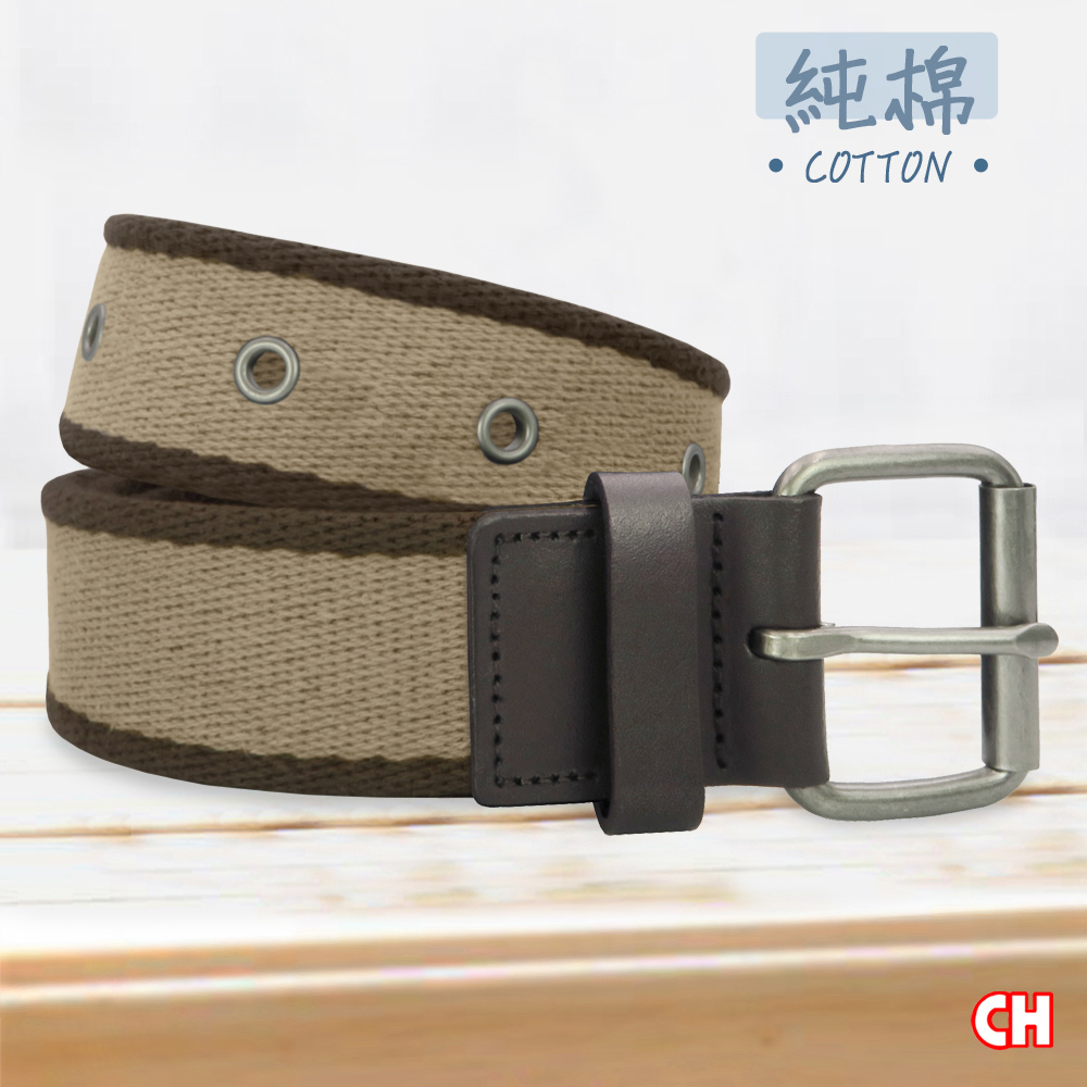 【CH-BELT 銓丞皮帶】新潮雙配色 打釘造型 純棉織帶 男休閒腰帶(卡其), , large
